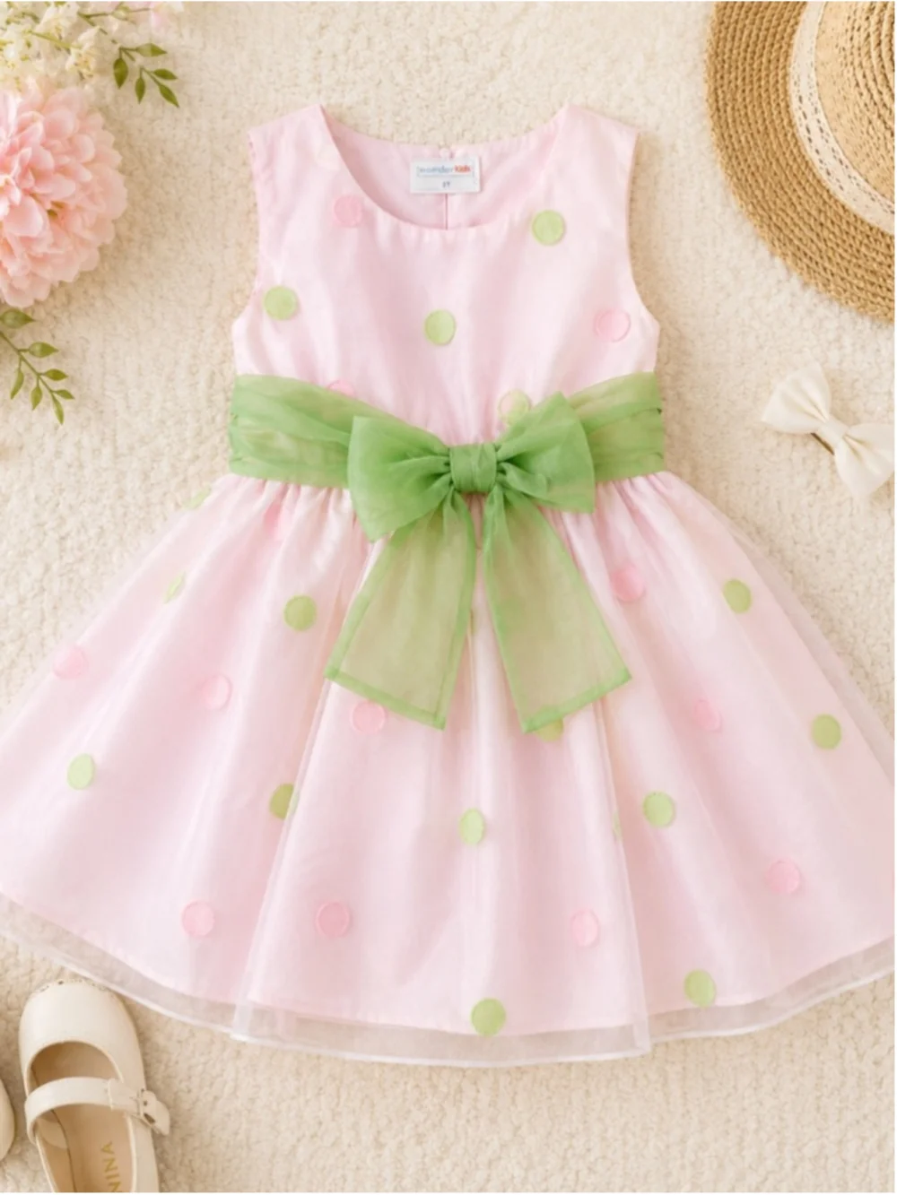 Wonderkids Pink Polka Dot Organza Party Dress Green Bow Size 3T EUC